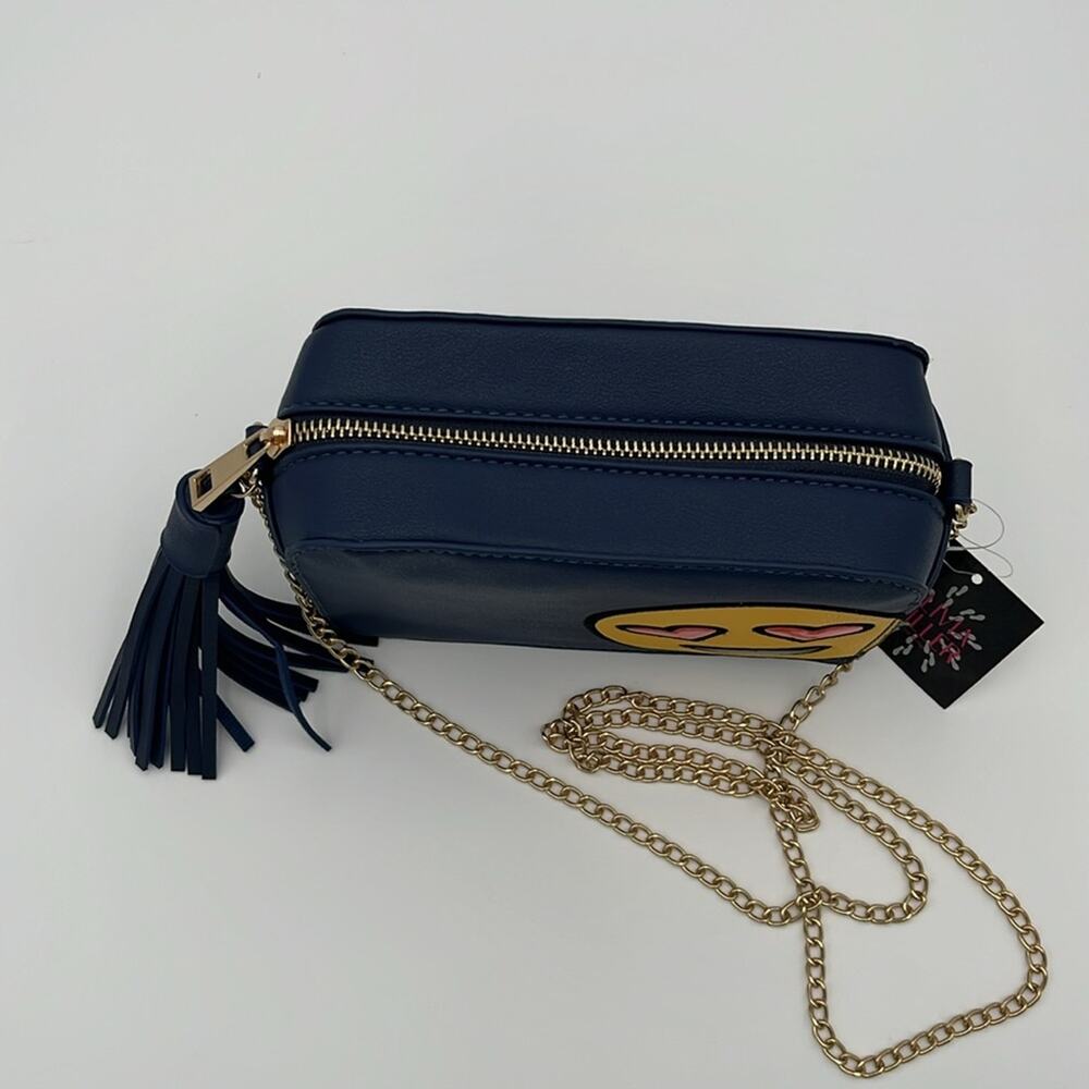 Olive Miller Heart Eye Smily Face Emoji Crossbody Bag Blue Yellow Gold - Picture 2 of 6